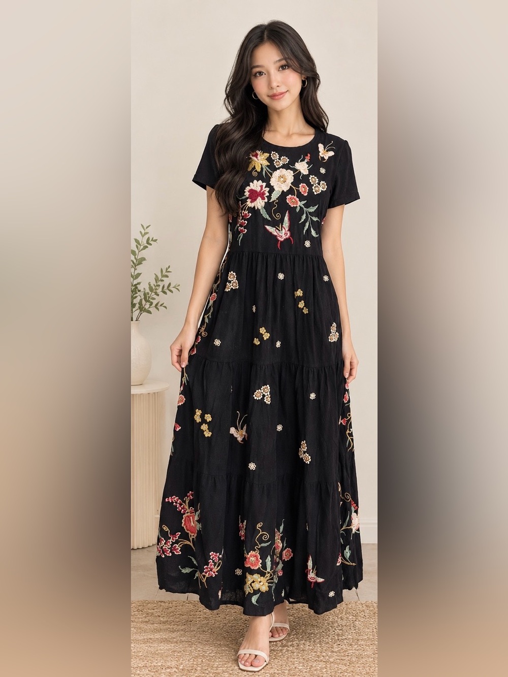 Johnny Was Black Maxi Dress with Multicolor Floral Embroidery